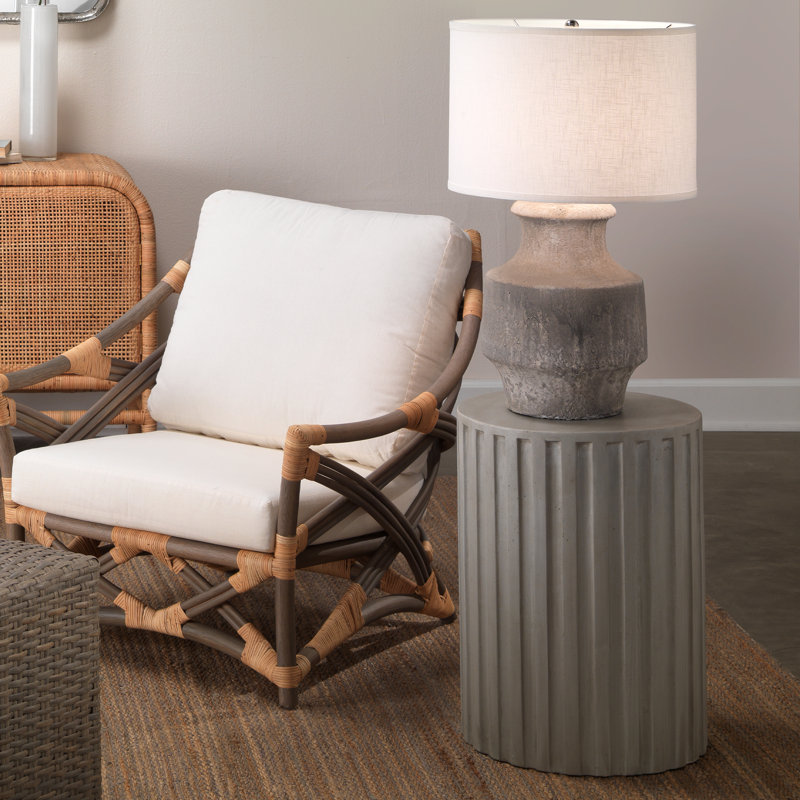 Coastal Cream Drum-Shaped Cement Side Table with Fluted Edges