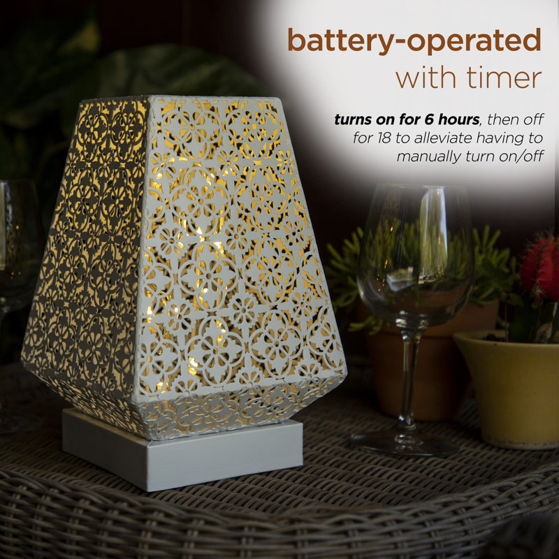White Cordless LED Outdoor Lantern with Filigree Design