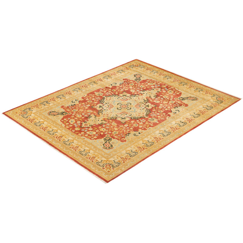 Hand-Knotted Rectangular Orange and Rust Wool Area Rug