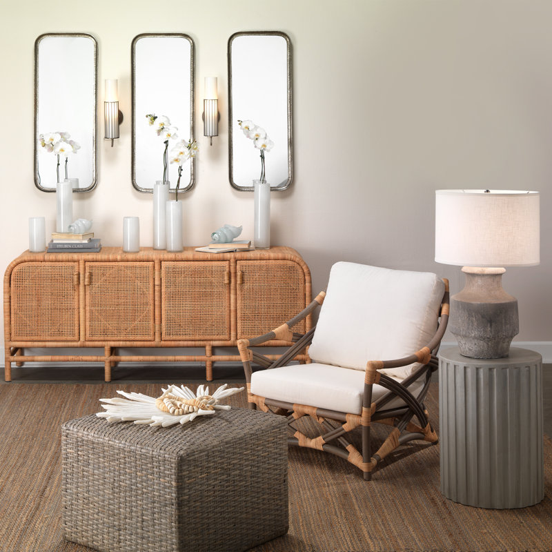 Coastal Cream Drum-Shaped Cement Side Table with Fluted Edges