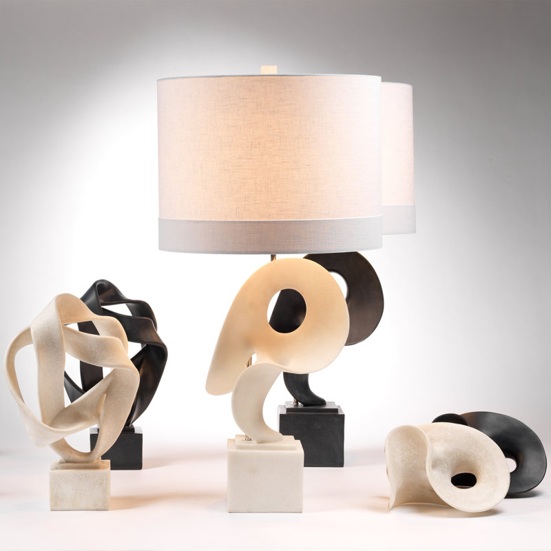 White Polyresin Sculptural Table Lamp with Linen Shade