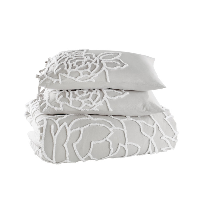 Gray Cotton King Duvet Set with Textured Rose Accents