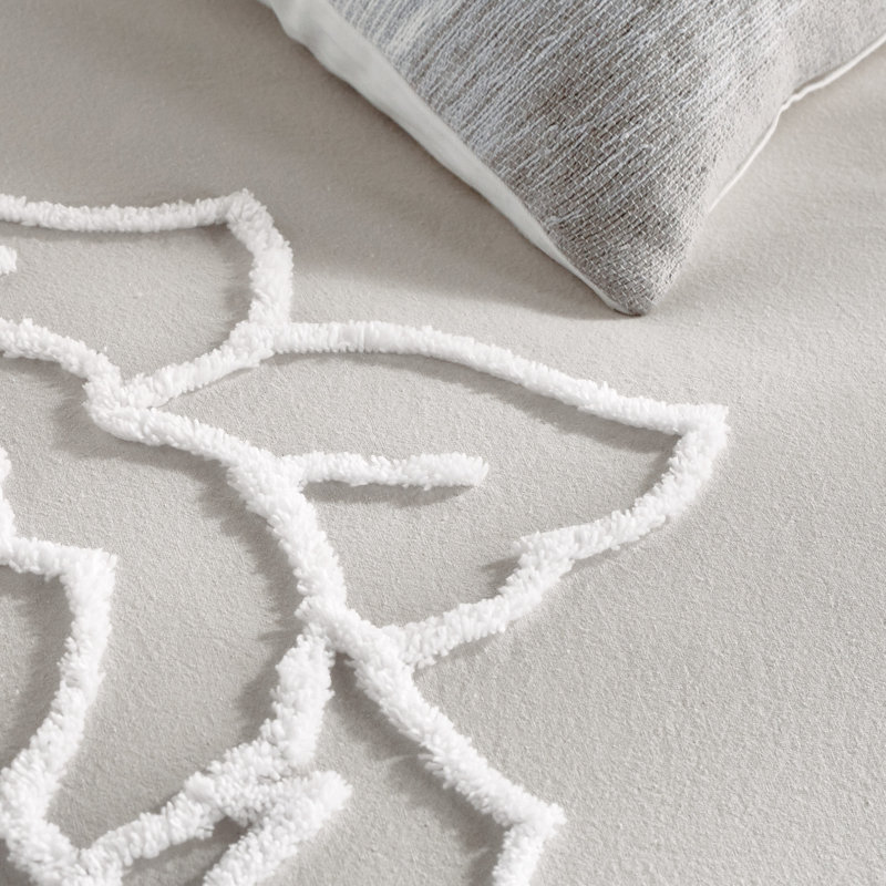 Gray Cotton King Duvet Set with Textured Rose Accents