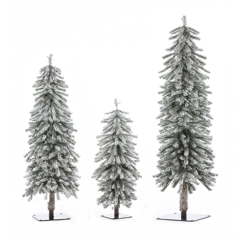 Mercury Row® Slender Green Fir Flocked Christmas Tree Set with Lights (Set of 3)