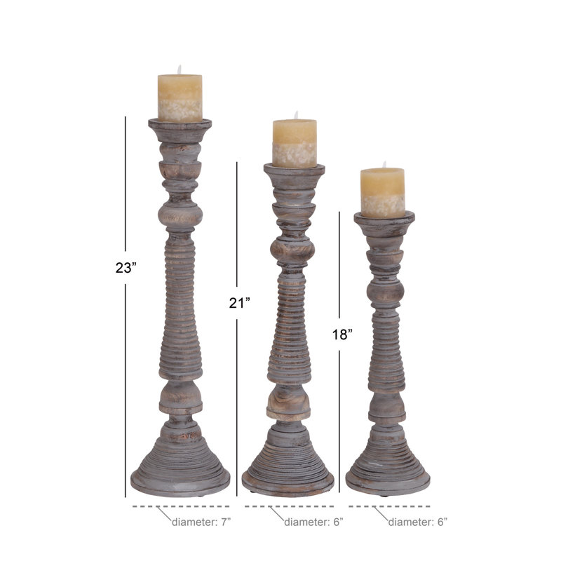 Mocha Brown Mango Wood Candlestick Trio with Gray Wash