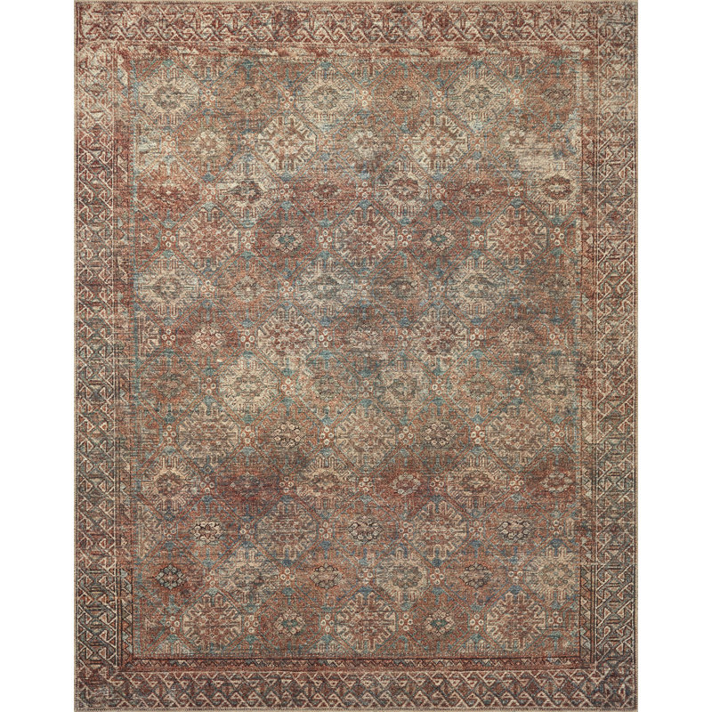 Aqua and Rust Distressed 6' x 9' Synthetic Easy-Care Area Rug