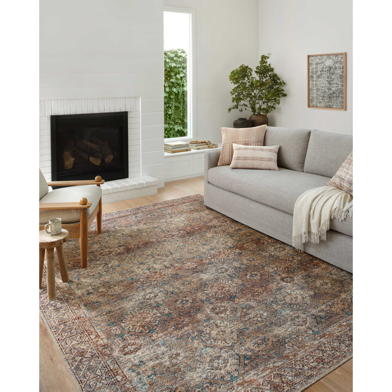 Aqua and Rust Distressed 6' x 9' Synthetic Easy-Care Area Rug