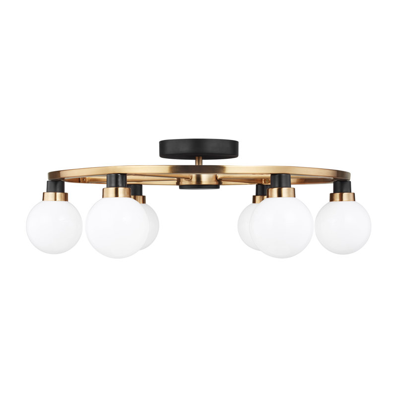 Satin Brass 6-Light Globe Semi Flush Mount with White Glass