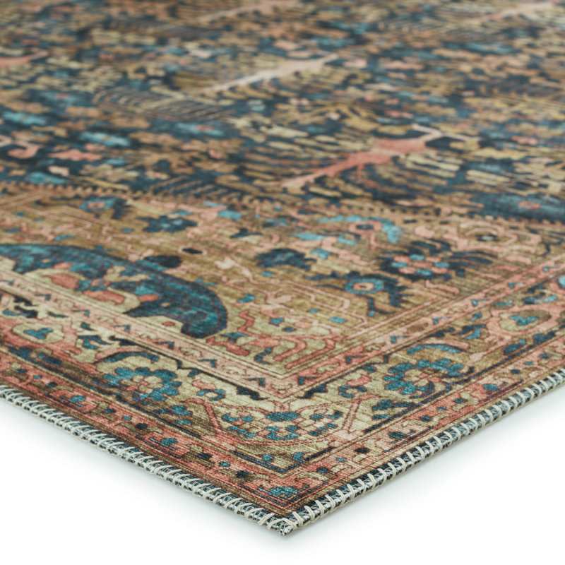 Reversible Floral Blue & Tan Easy-Care Polyester Runner Rug, 2'6" x 8'