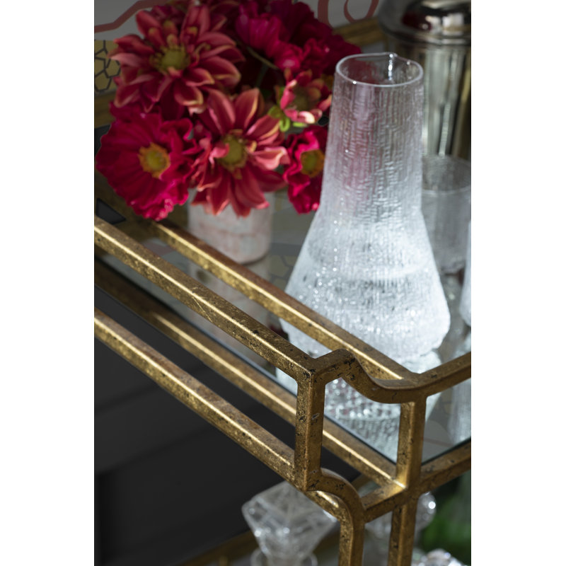 Seneca Gold Leaf Wrought Iron Bar Cart with Mirrored Shelves