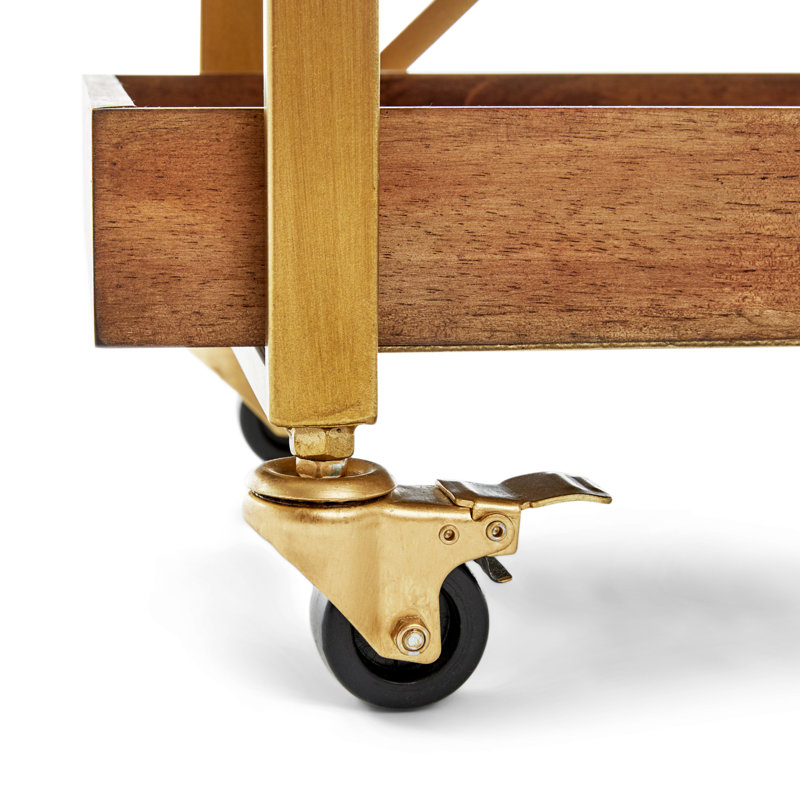 Riley Gold-Brown Wooden 3-Tier Rolling Bar Cart with Metallic Accents