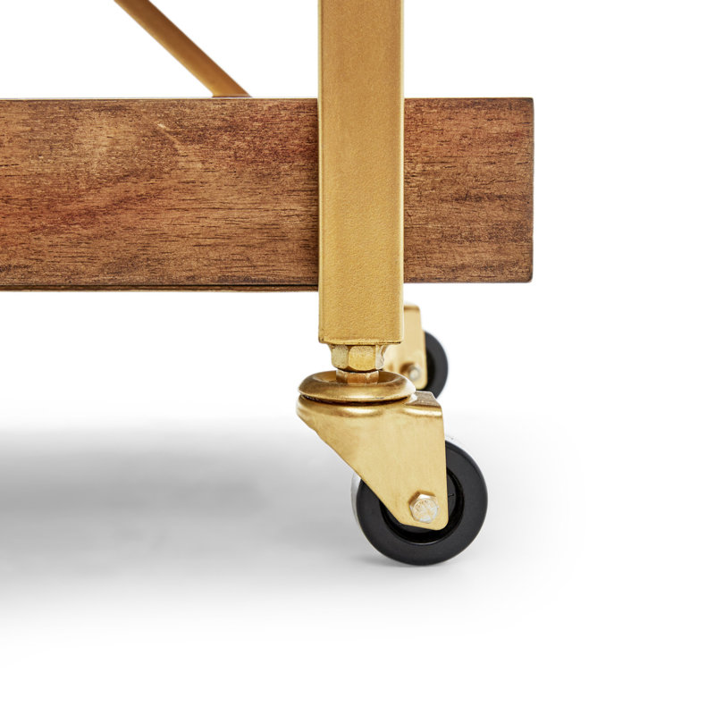 Riley Gold-Brown Wooden 3-Tier Rolling Bar Cart with Metallic Accents