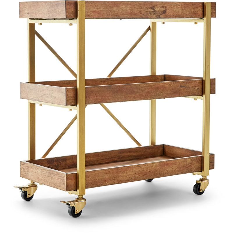 Riley Gold-Brown Wooden 3-Tier Rolling Bar Cart with Metallic Accents