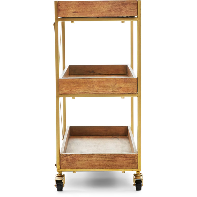 Riley Gold-Brown Wooden 3-Tier Rolling Bar Cart with Metallic Accents