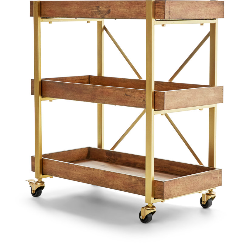 Riley Gold-Brown Wooden 3-Tier Rolling Bar Cart with Metallic Accents