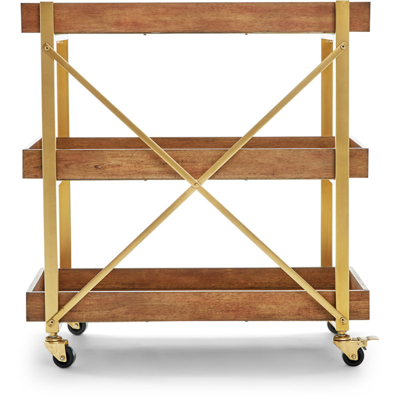 Riley Gold-Brown Wooden 3-Tier Rolling Bar Cart with Metallic Accents