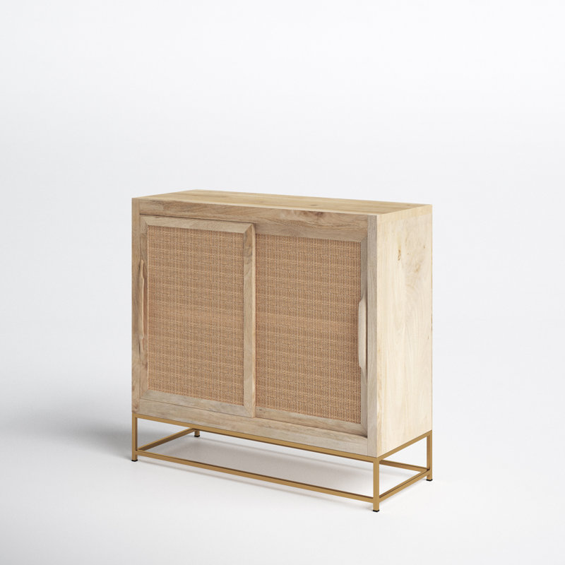 Janie Geometric Gold-Finish Rattan 2-Sliding Door Cabinet