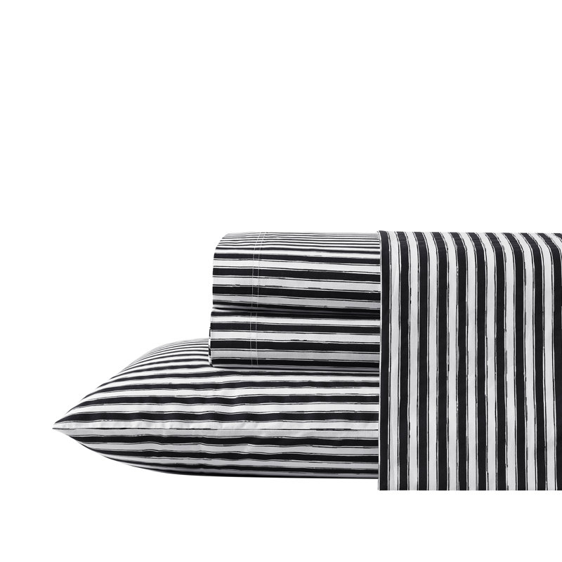 Twin White and Black Striped Cotton Percale Sheet Set