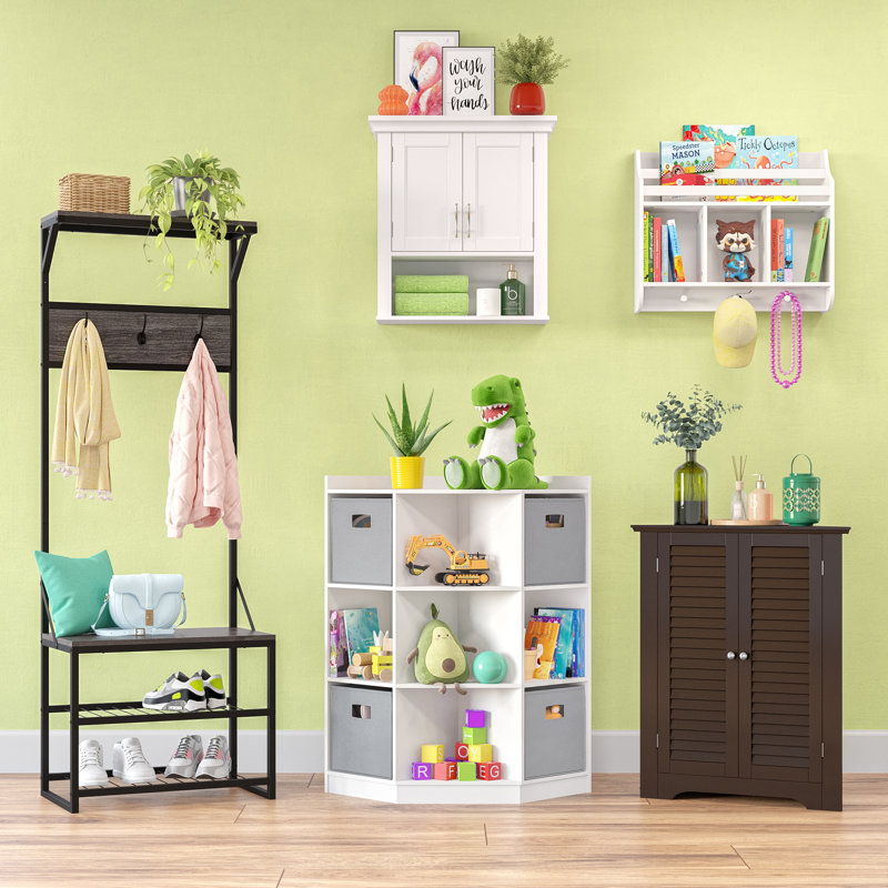 Playtime White Wall-Mounted Shelf with Bookrack and Cubbies for Kids
