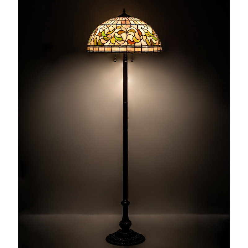 60" Mahogany Bronze Stained Glass Floor Lamp with Ruby and Coral Accents