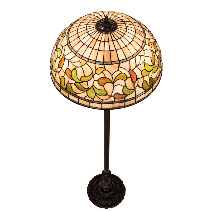60" Mahogany Bronze Stained Glass Floor Lamp with Ruby and Coral Accents