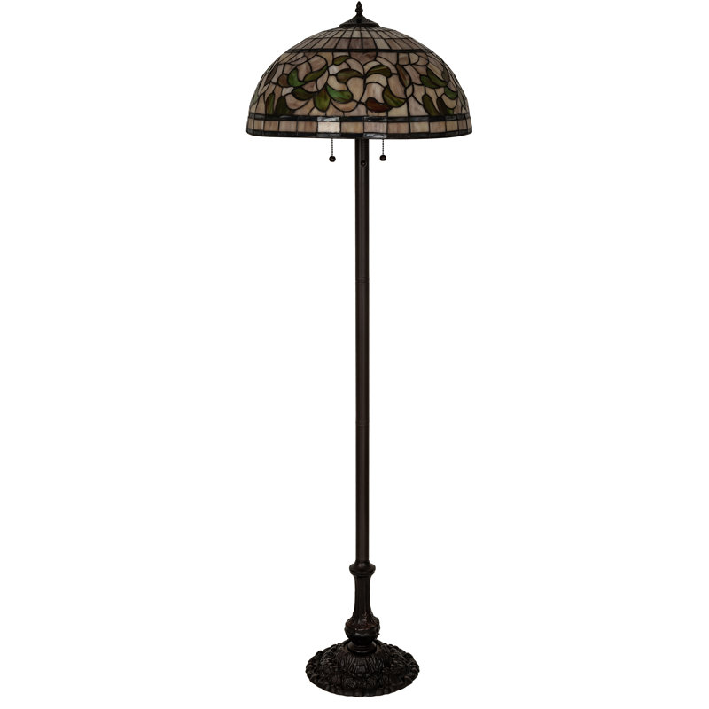 60" Mahogany Bronze Stained Glass Floor Lamp with Ruby and Coral Accents