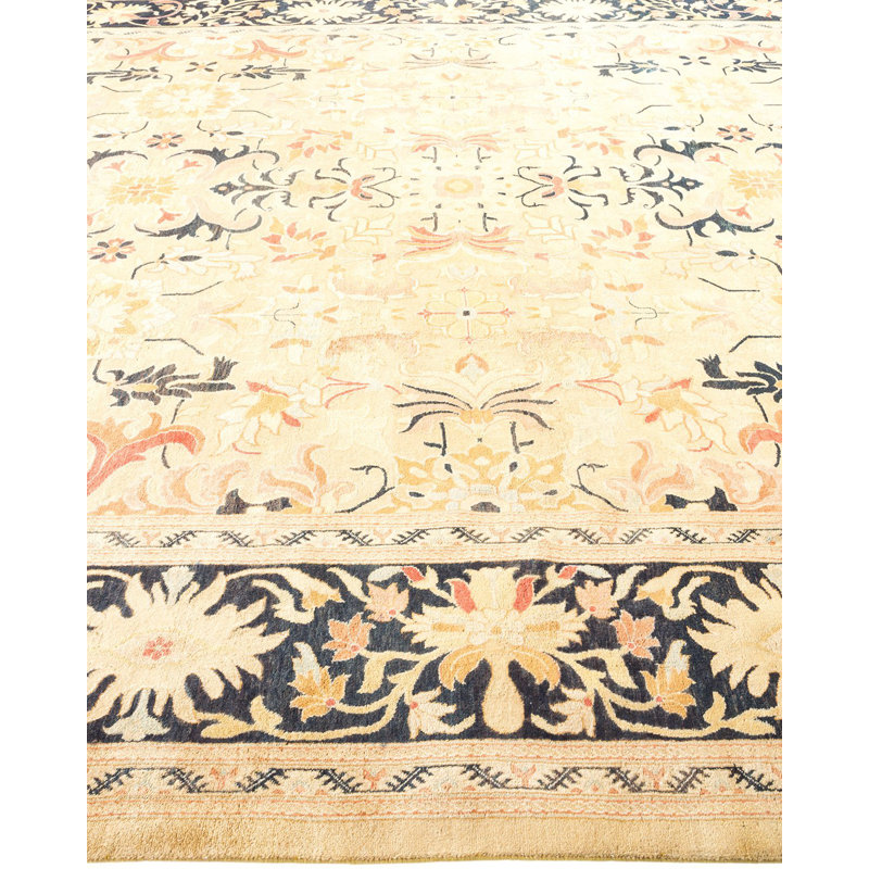 Hand-Knotted Beige and Black Wool Floral Area Rug
