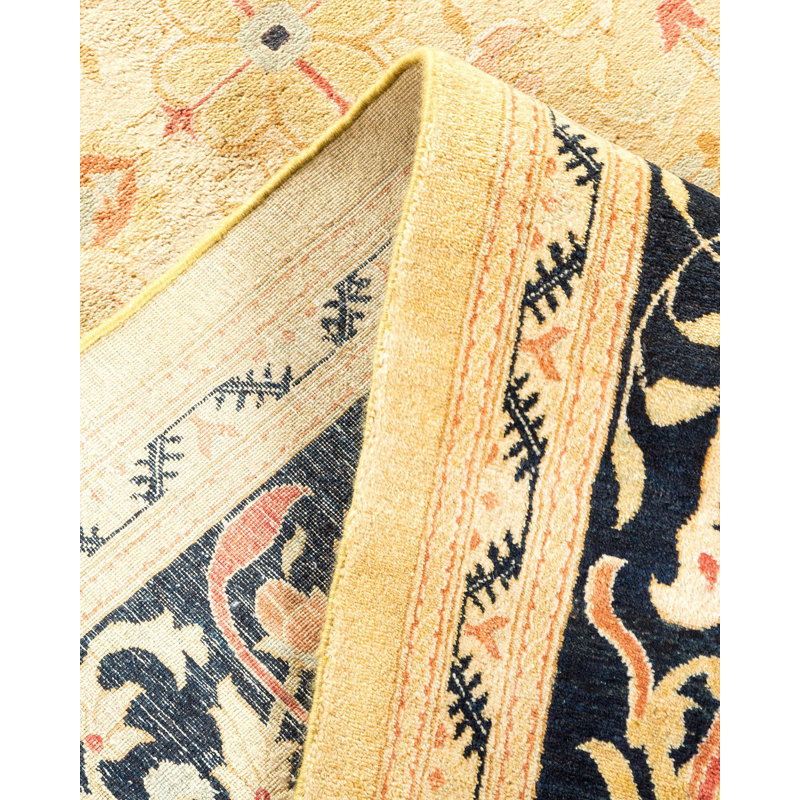 Hand-Knotted Beige and Black Wool Floral Area Rug