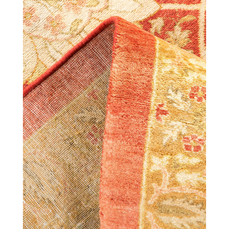 Hand-Knotted Rust and Beige Floral Wool Area Rug 9'1" x 12'1"