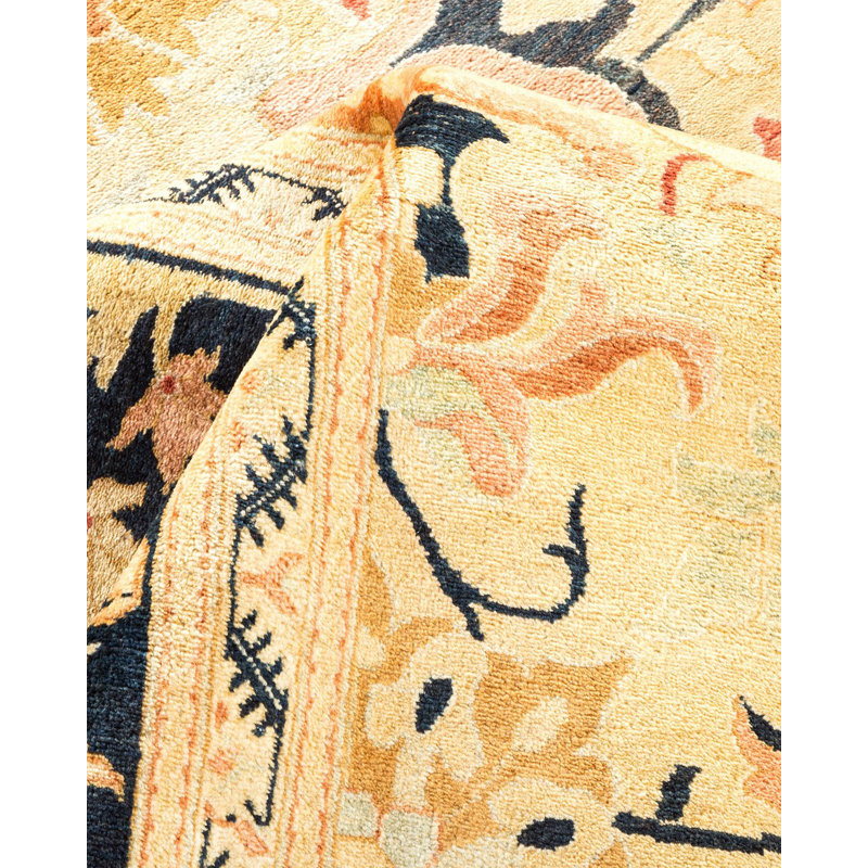 Hand-Knotted Beige and Black Wool Floral Area Rug