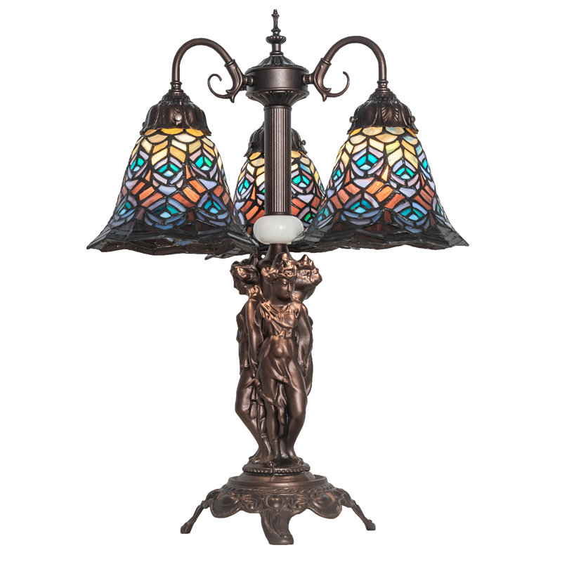 Arcadian 23" Stained Glass Peacock Feather Table Lamp in Mahogany Bronze