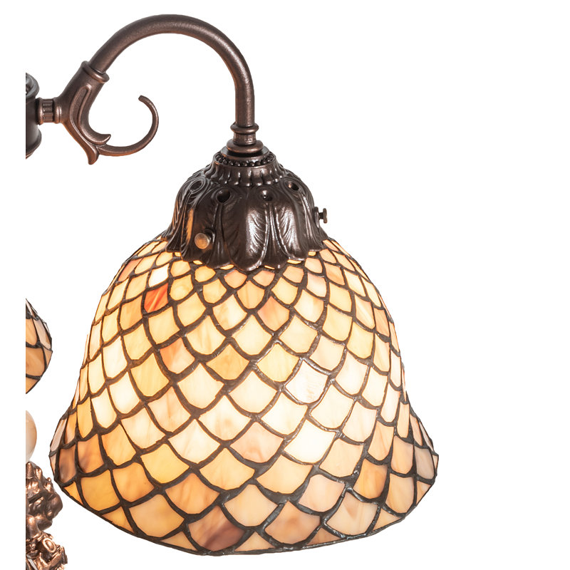 23" Mahogany Bronze Arched Table Lamp with Beige Stained Glass