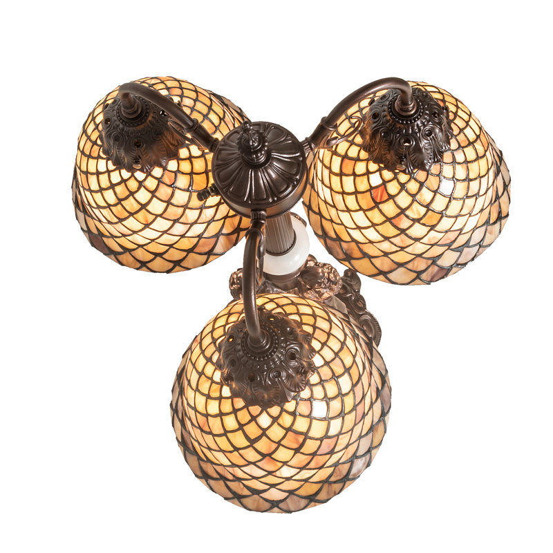 23" Mahogany Bronze Arched Table Lamp with Beige Stained Glass