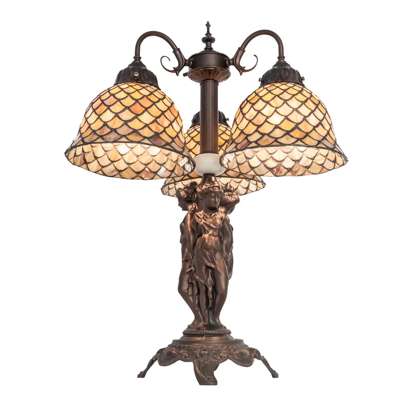 23" Mahogany Bronze Arched Table Lamp with Beige Stained Glass