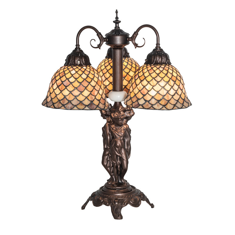 23" Mahogany Bronze Arched Table Lamp with Beige Stained Glass