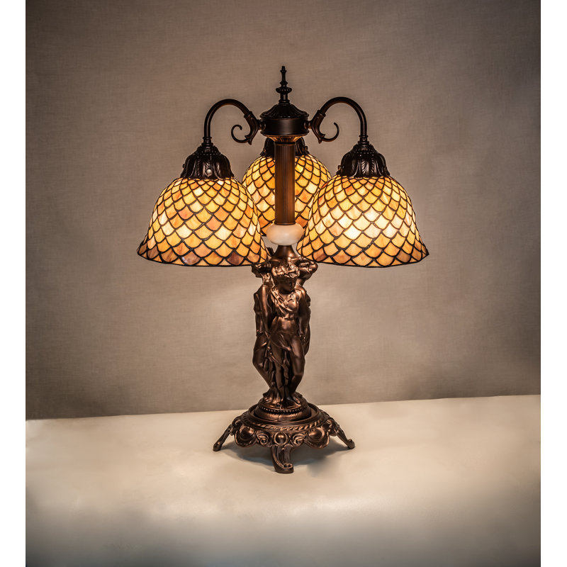 23" Mahogany Bronze Arched Table Lamp with Beige Stained Glass