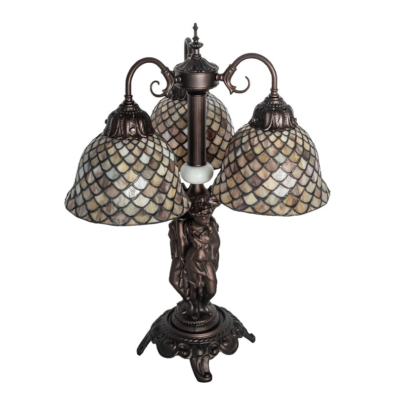 23" Mahogany Bronze Arched Table Lamp with Beige Stained Glass