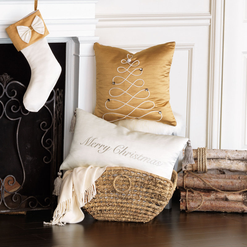 White Embroidered Polyester Lumbar Holiday Pillow with Tassels