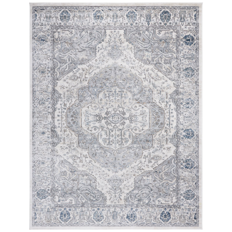 Elegant Ivory and Grey Floral Synthetic Area Rug, 8' x 10'