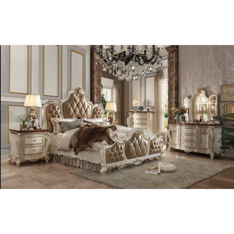 Antique Pearl Queen Bed with Tufted Faux Leather Headboard