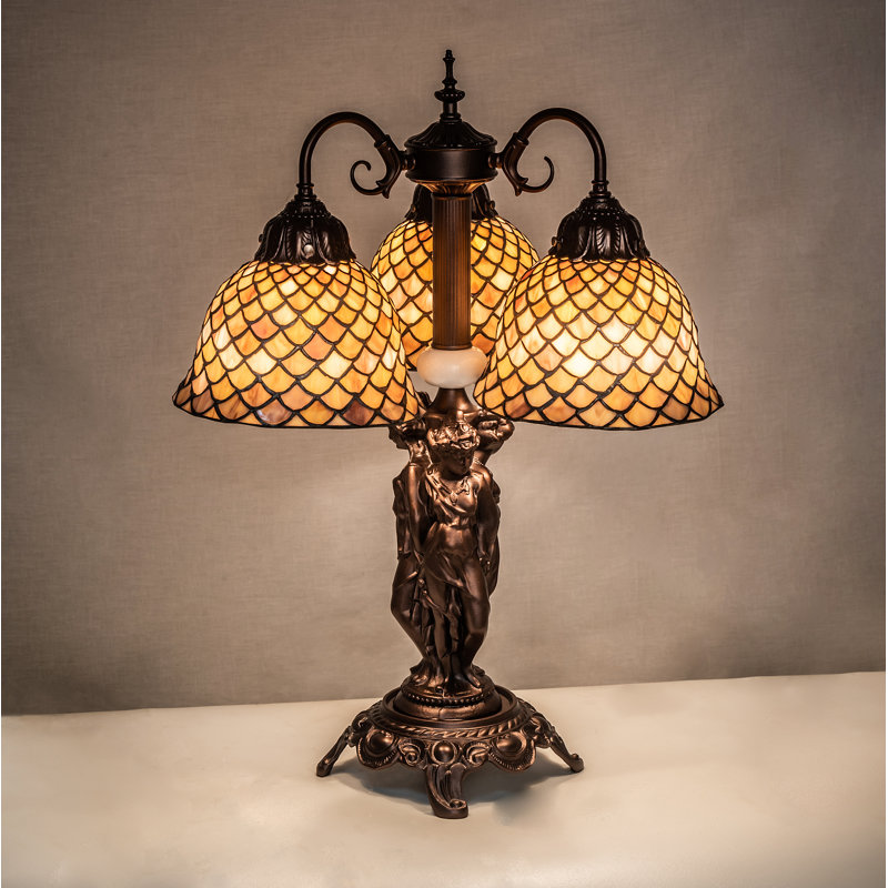 23" Mahogany Bronze Arched Table Lamp with Beige Stained Glass