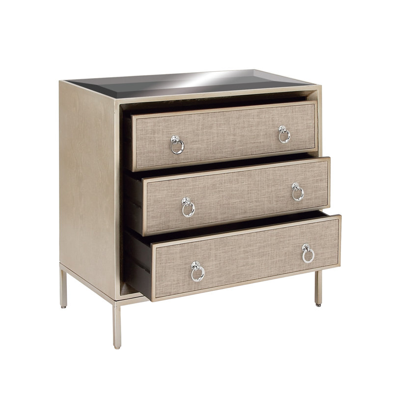 Beige Upholstered 3 Drawer Chest with Mirrored Top and Ring Handles
