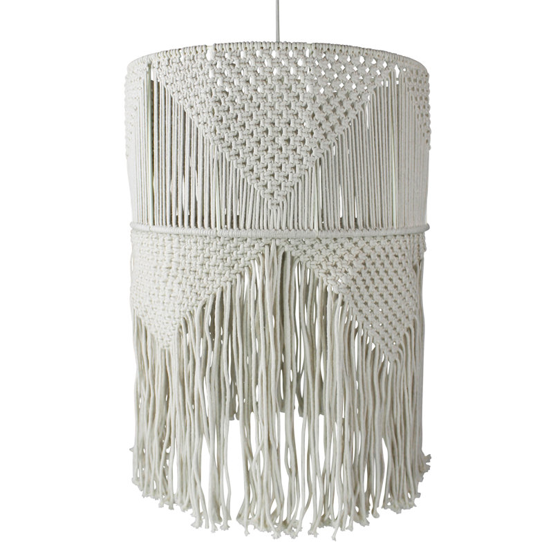 White Cotton Drum Pendant Light with Fringe