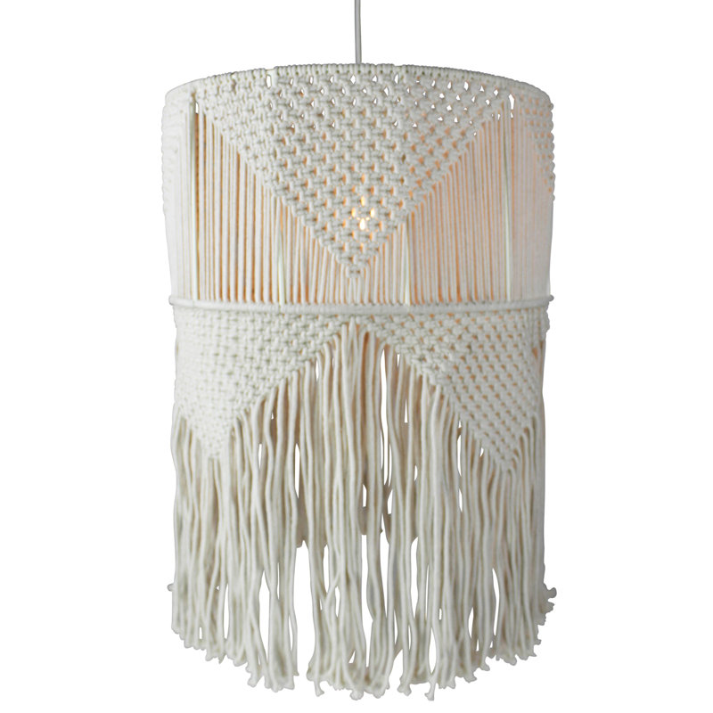 White Cotton Drum Pendant Light with Fringe