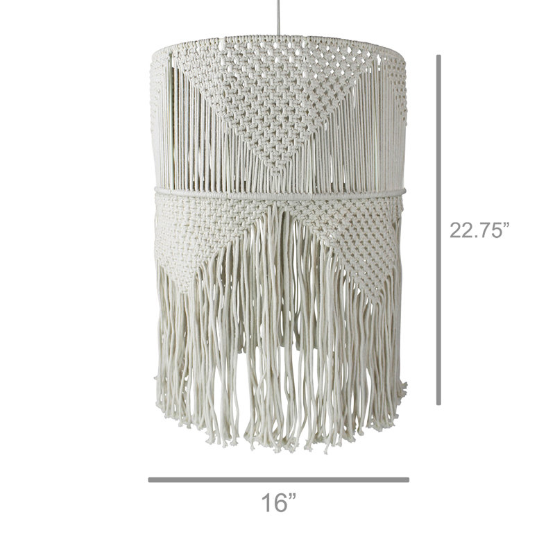 White Cotton Drum Pendant Light with Fringe