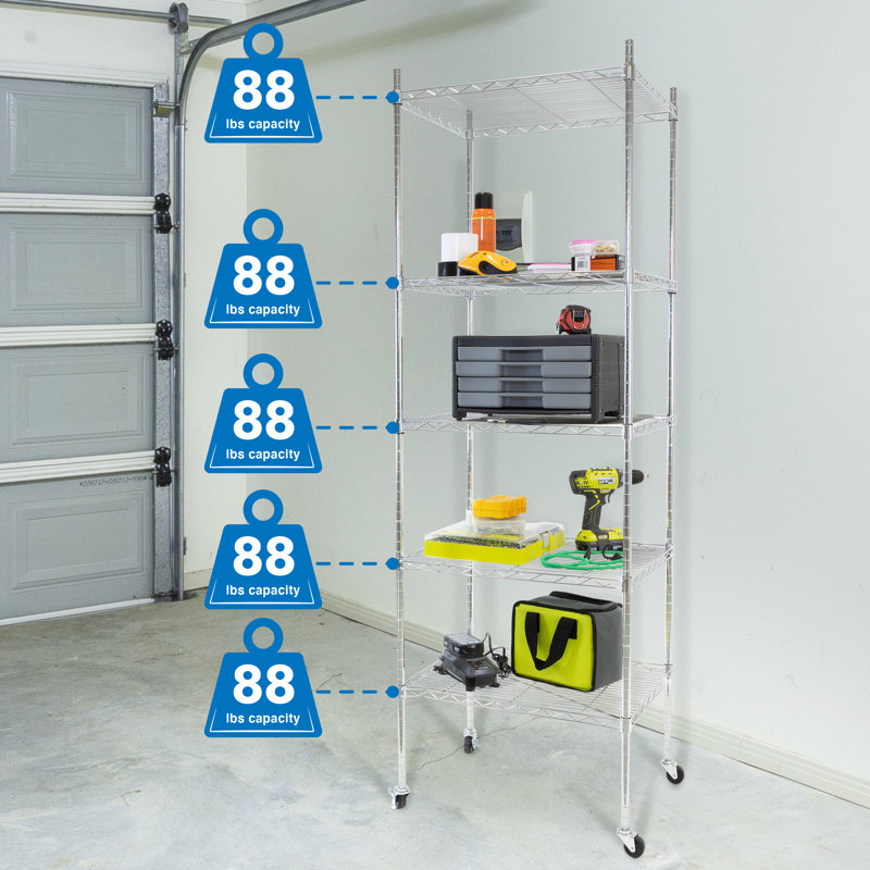 Adjustable 5-Tier Gray Metal Utility Shelf Rack with Wheels