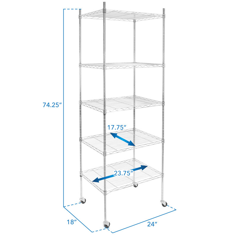 Adjustable 5-Tier Gray Metal Utility Shelf Rack with Wheels