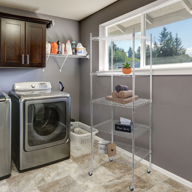 Adjustable 5-Tier Gray Metal Utility Shelf Rack with Wheels