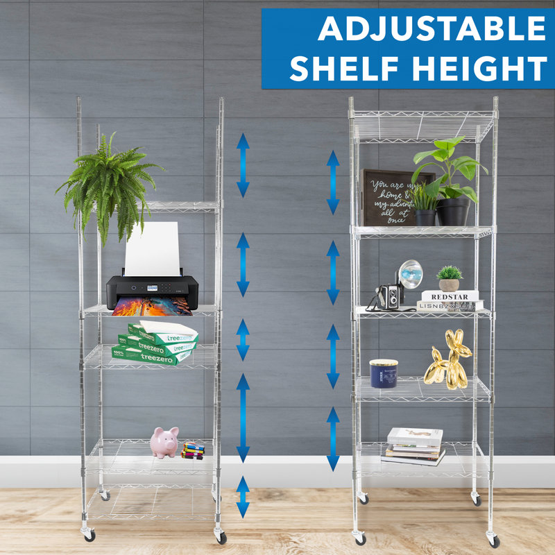 Adjustable 5-Tier Gray Metal Utility Shelf Rack with Wheels
