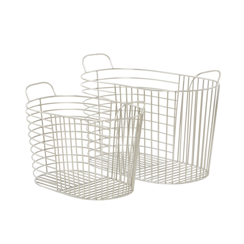Silver Oval Metal Baskets with Handles - Set of 2